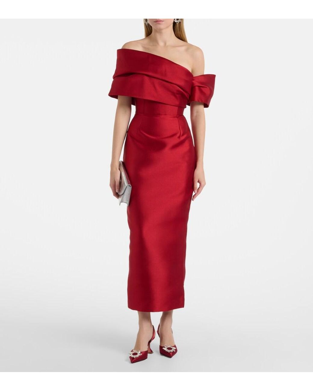 Solace London Red Mirla Off-Shoulder Satin Cocktail Dress