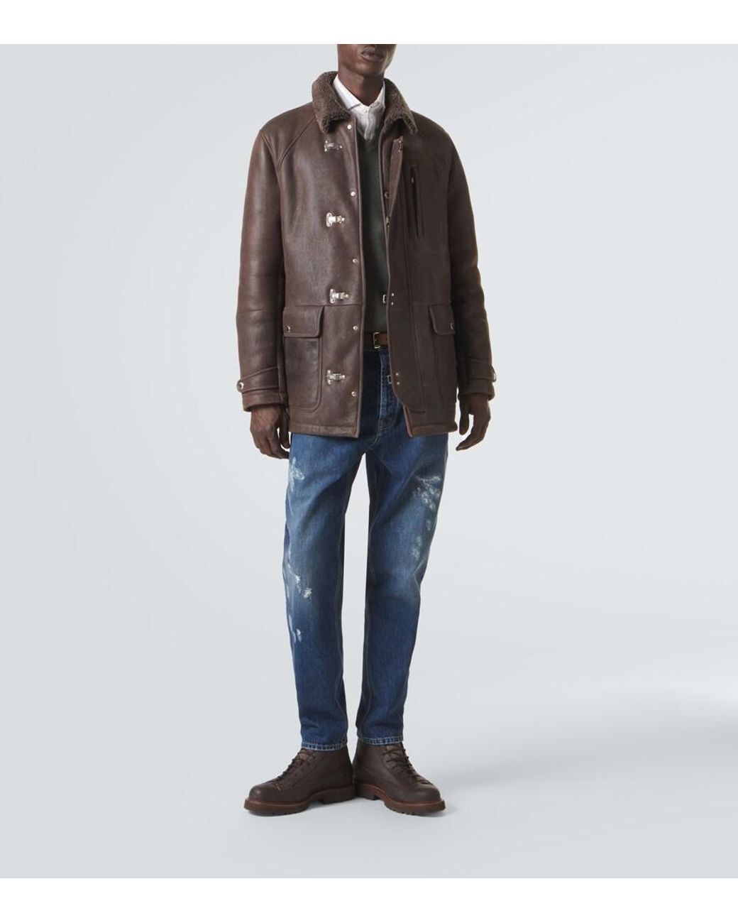 Brunello Cucinelli Brown Shearling-Lined Leather Jacket for men