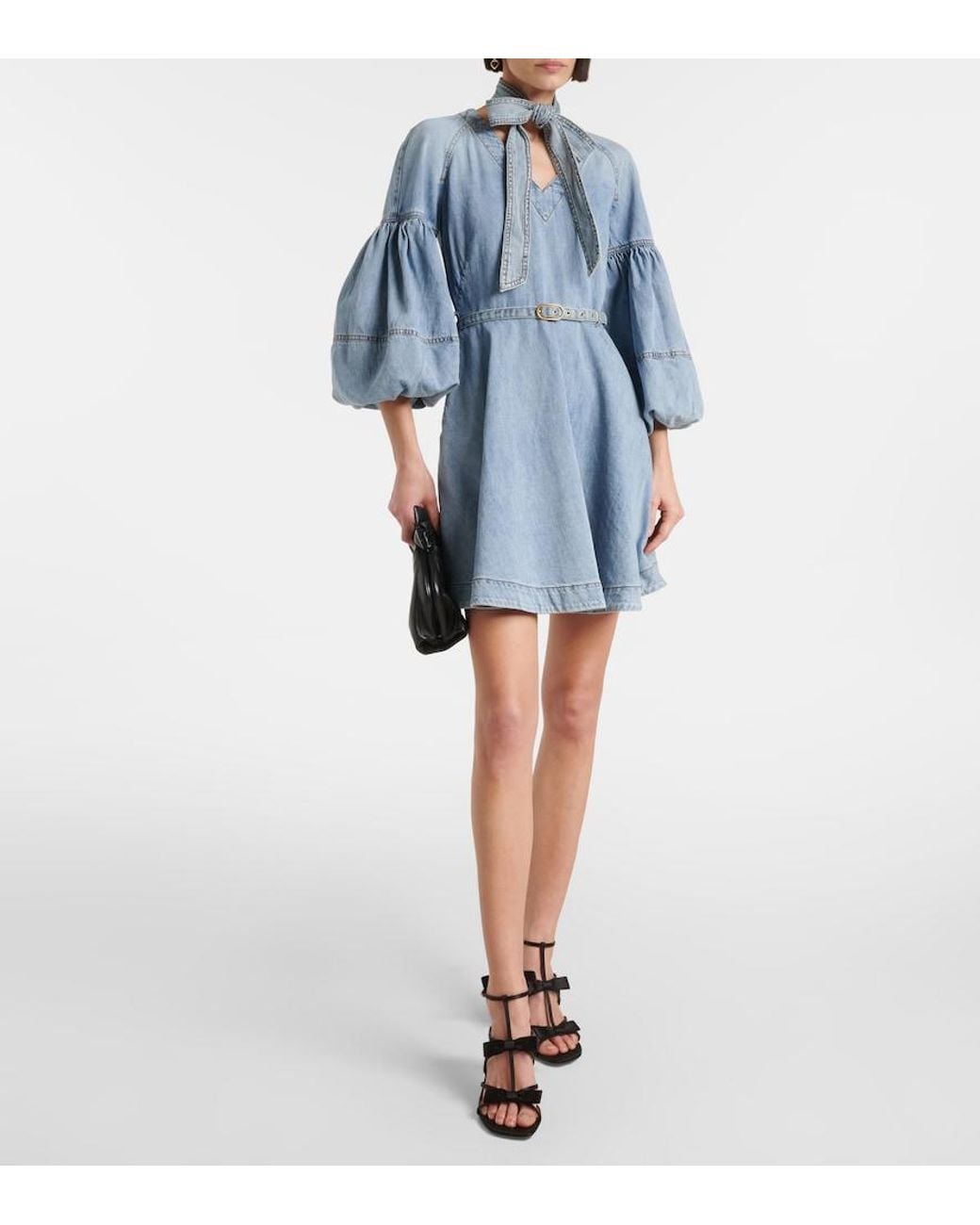 Zimmermann Blue Tie-Neck Puff-Sleeve Denim Minidress