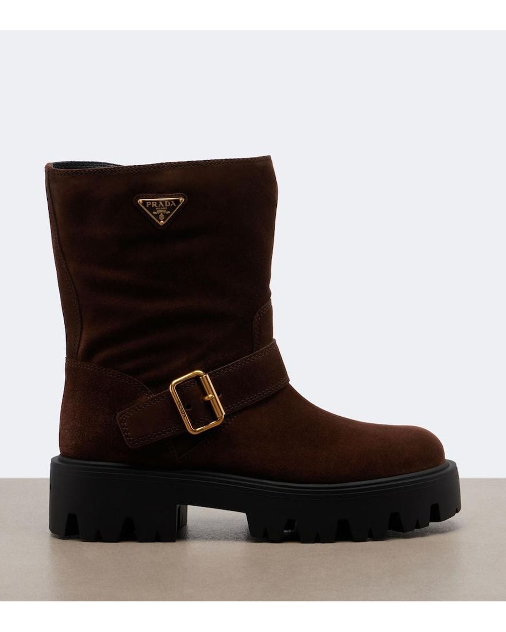 Prada Brown Logo Suede Biker Boots