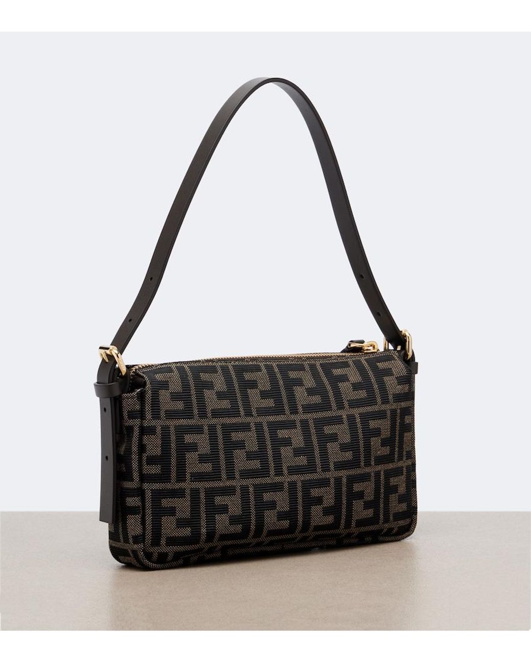 Fendi Black Zip Top Small Ff Jacquard Canvas Shoulder Bag