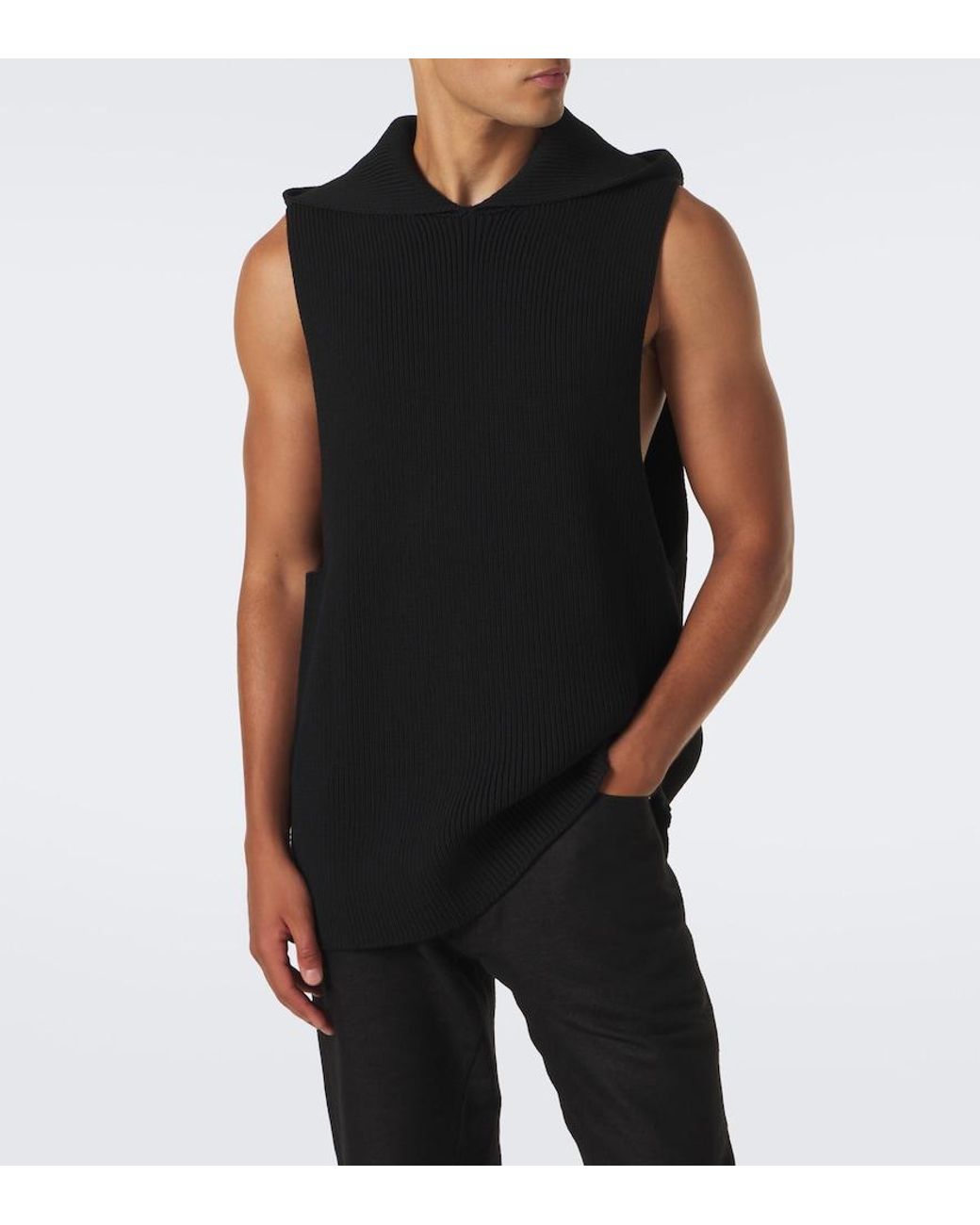Rick Owens Black Hooded Ribbed-Knit Virgin Wool Tank Top for men