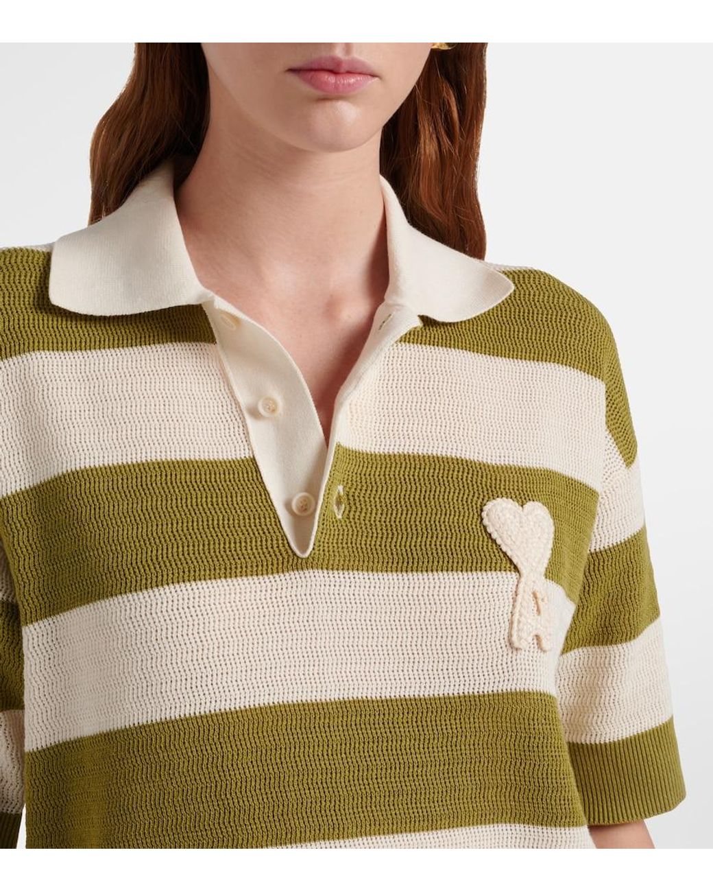 AMI Green Ami De Cour Striped Cotton Polo Shirt
