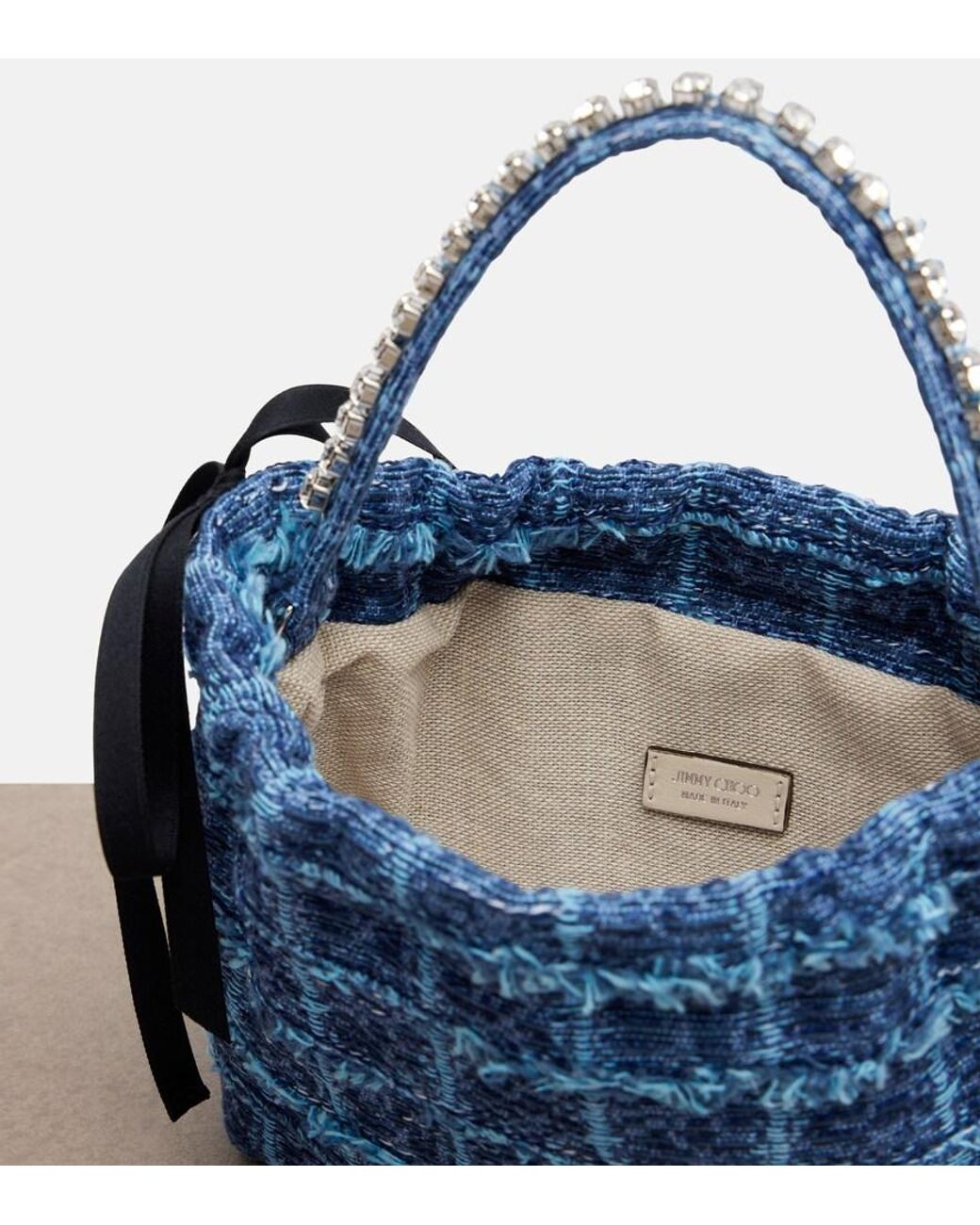 Jimmy Choo Blue Drawstring Mini Embellished Top-Handle Bag