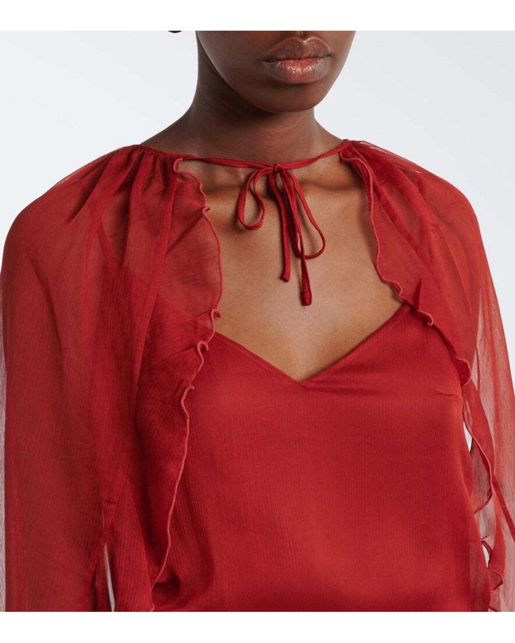 JACQUES WEI Red Ruffled Chiffon Gown