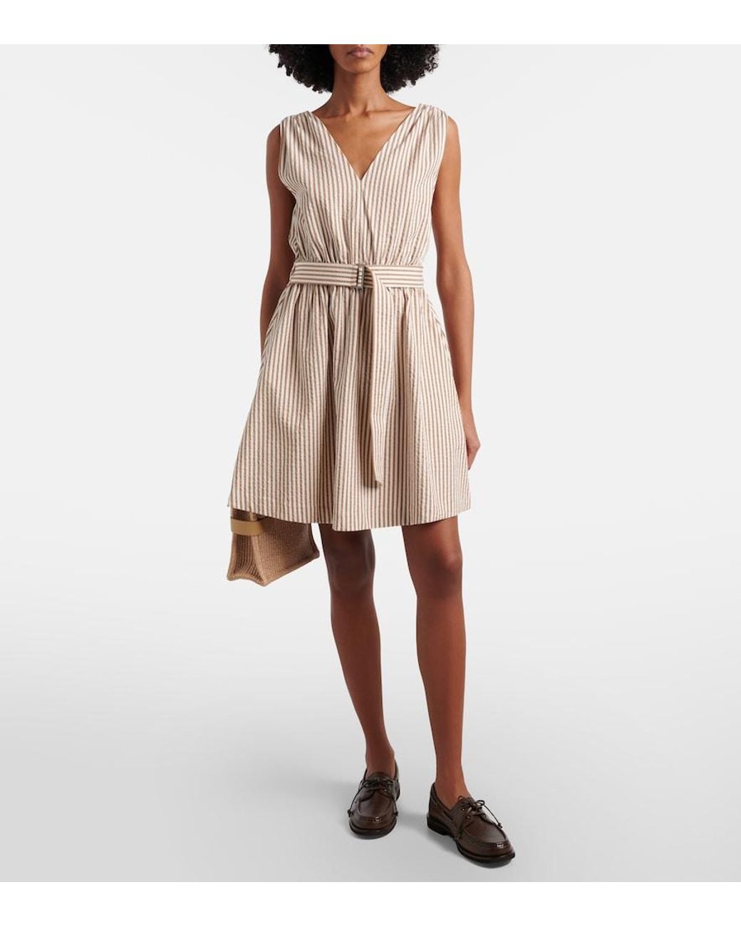 Brunello Cucinelli Natural Striped Cotton-Blend Minidress