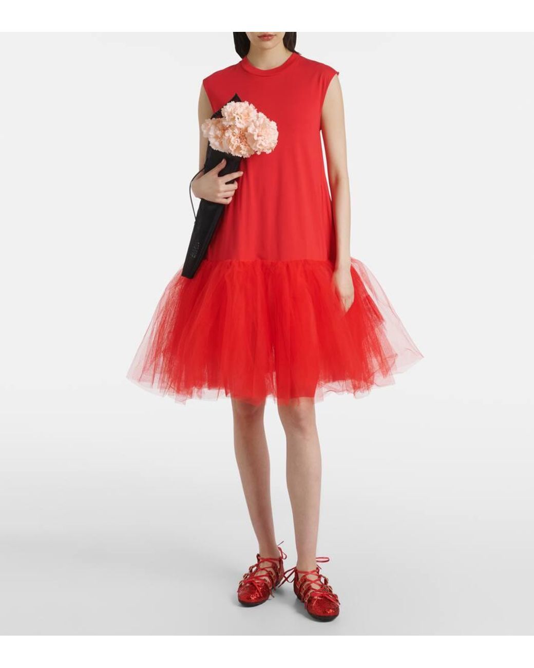 Simone Rocha Tulle-Trimmed Cotton Jersey Minidress in Red | Lyst