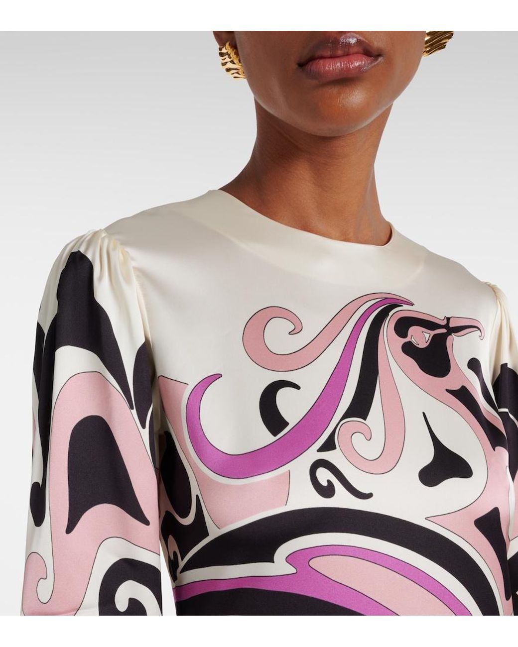 LaDoubleJ White Clingy Swing Printed Satin Midi Dress