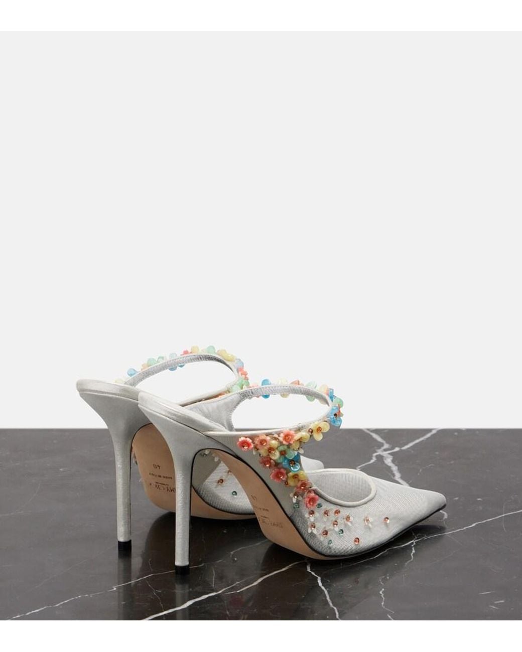 Jimmy Choo White Bing Daisy 100 Embellished Mesh Mules