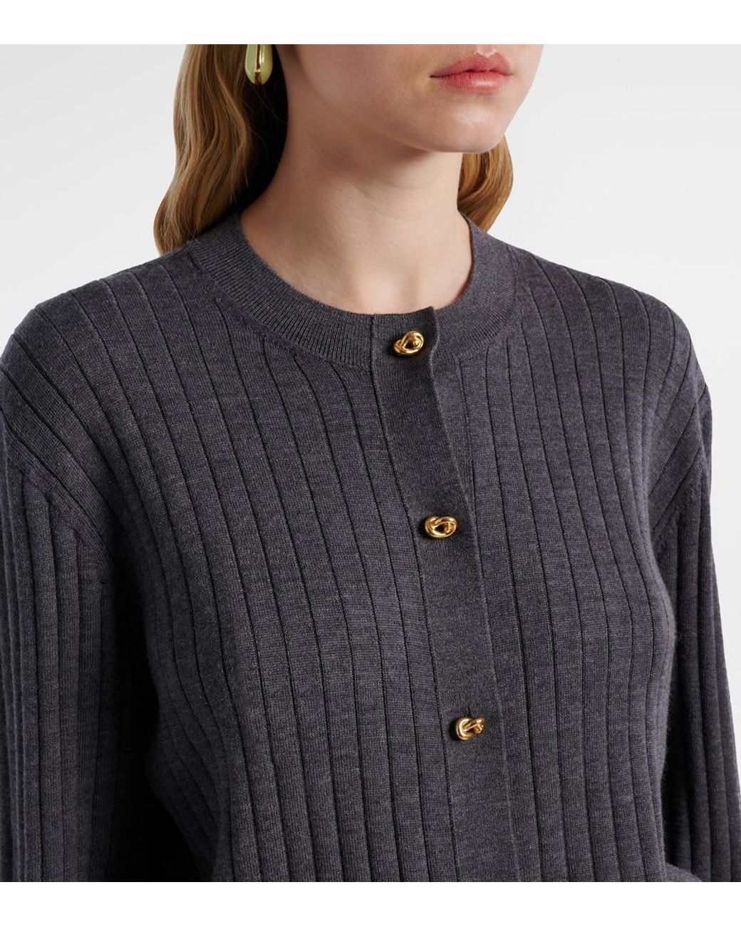 Bottega Veneta Gray Knot Ribbed-Knit Wool Cardigan