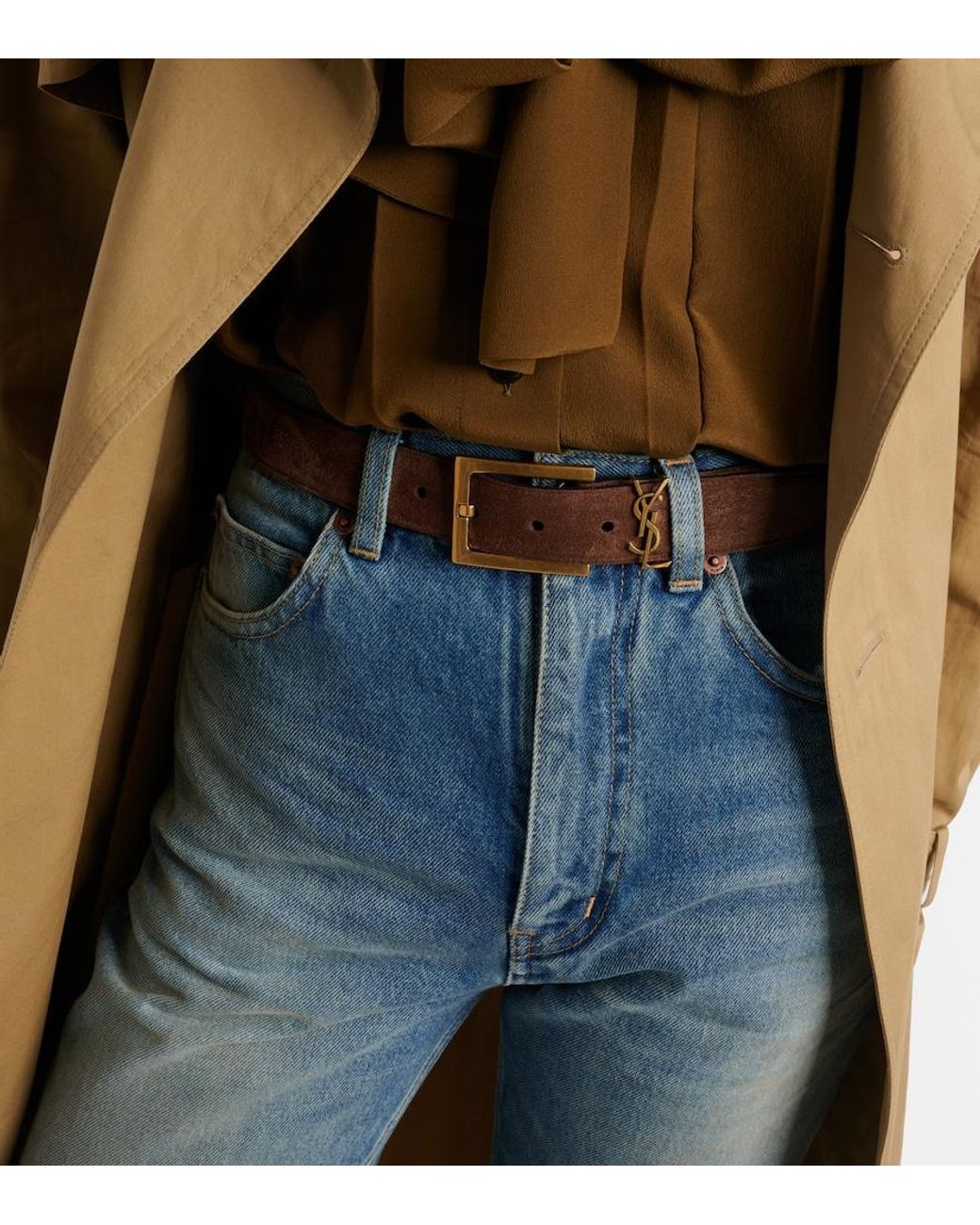 Saint Laurent Brown Cassandre Suede Belt