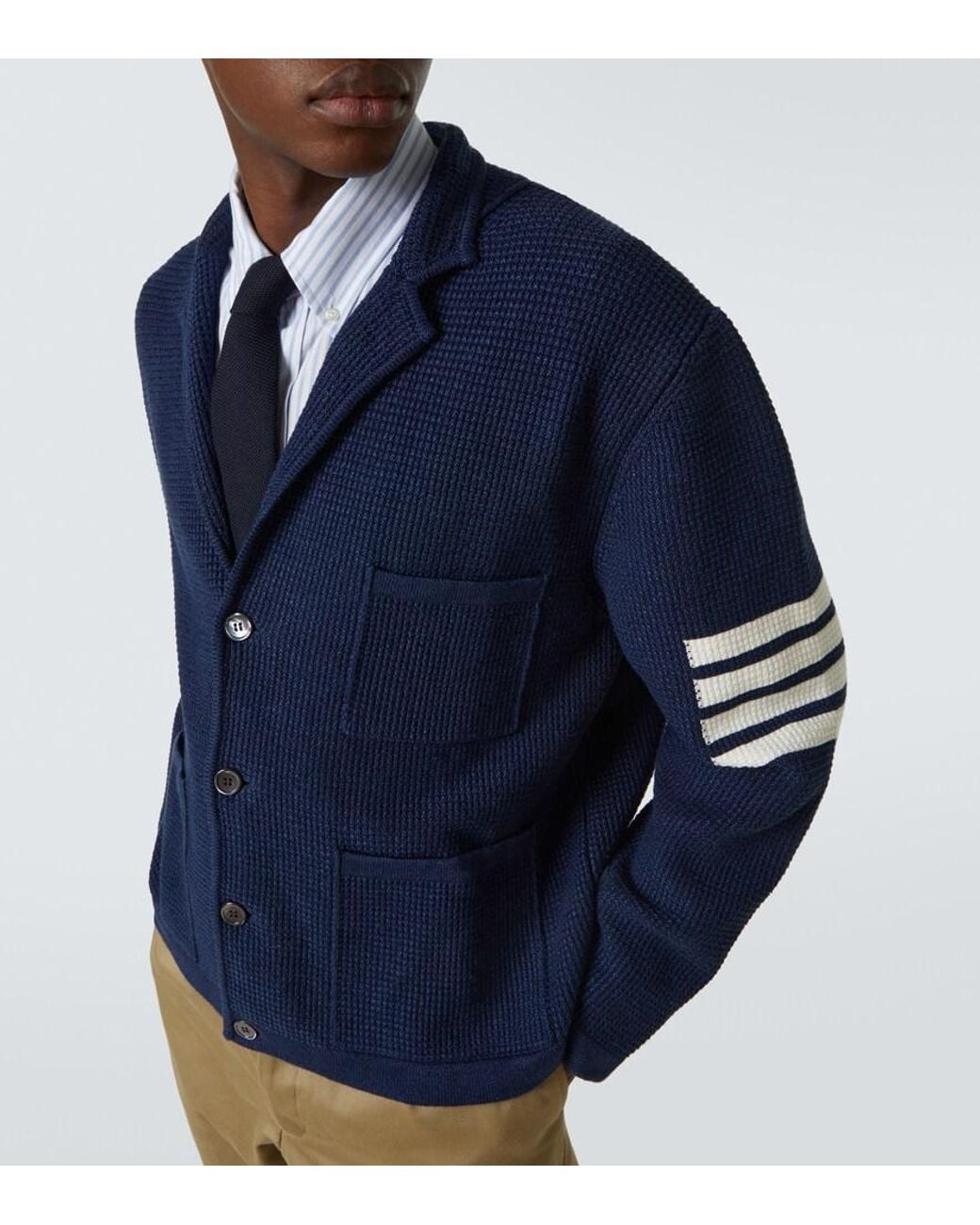 Thom Browne Blue 4-Bar Linen And Cotton-Blend Cardigan for men