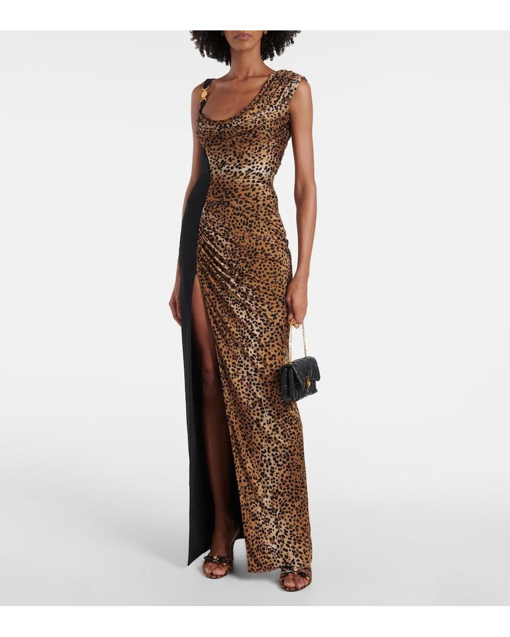 Versace Brown Leopard Medusa '95 Draped Maxi Dress