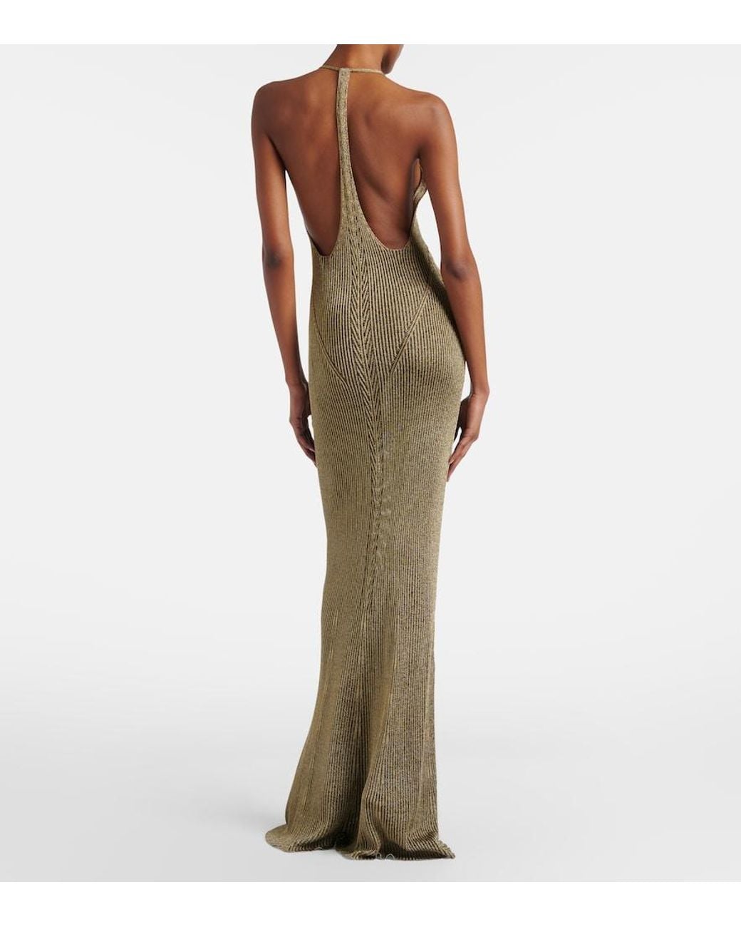 Roberto Cavalli Natural Ribbed-Knit Lame Maxi Dress