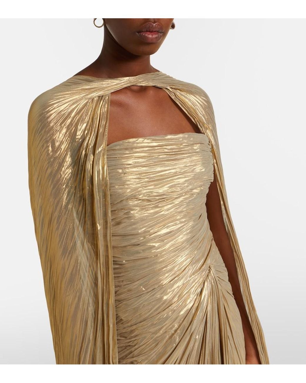 Marmar Halim Natural Caped Pleated Bustier Gown