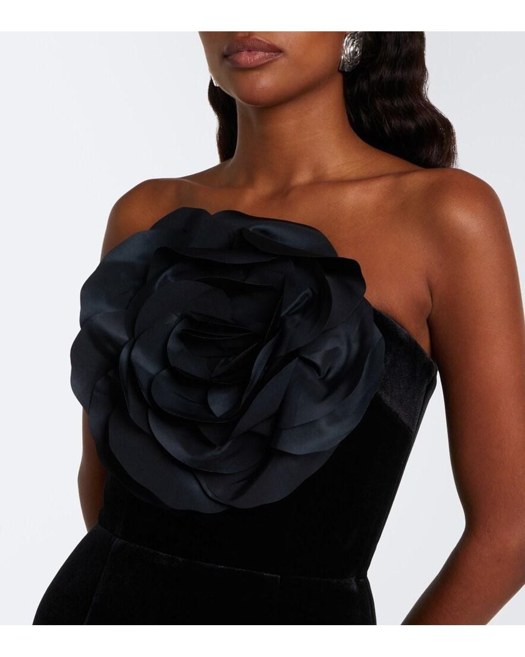 Rebecca Vallance Black Lois Floral-Applique Strapless Gown