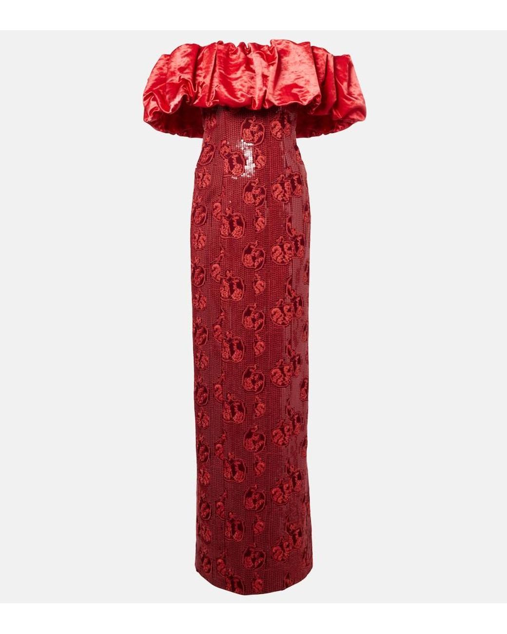 Markarian Red Rowan Sequined Off-Shoulder Bustier Gown