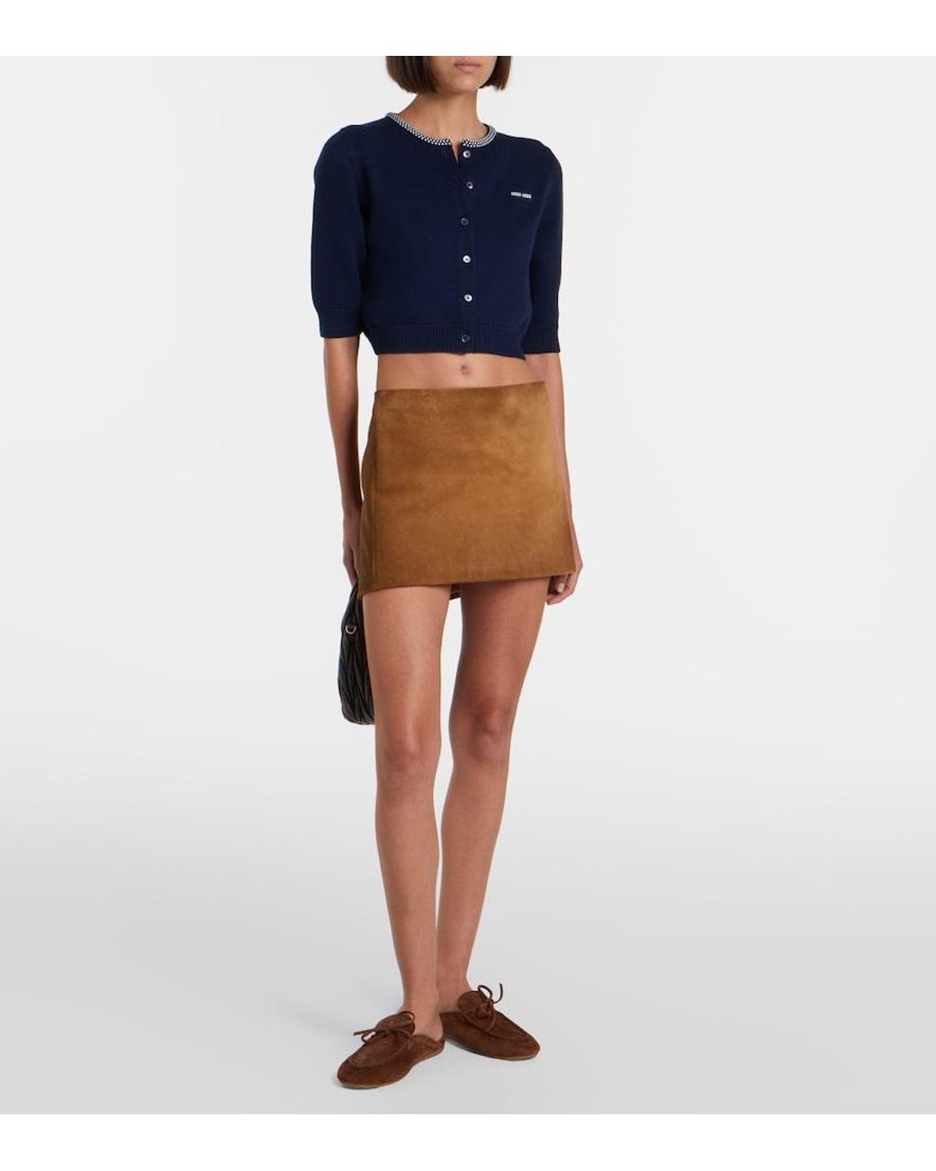 Miu Miu Blue Logo Cropped Cotton Cardigan
