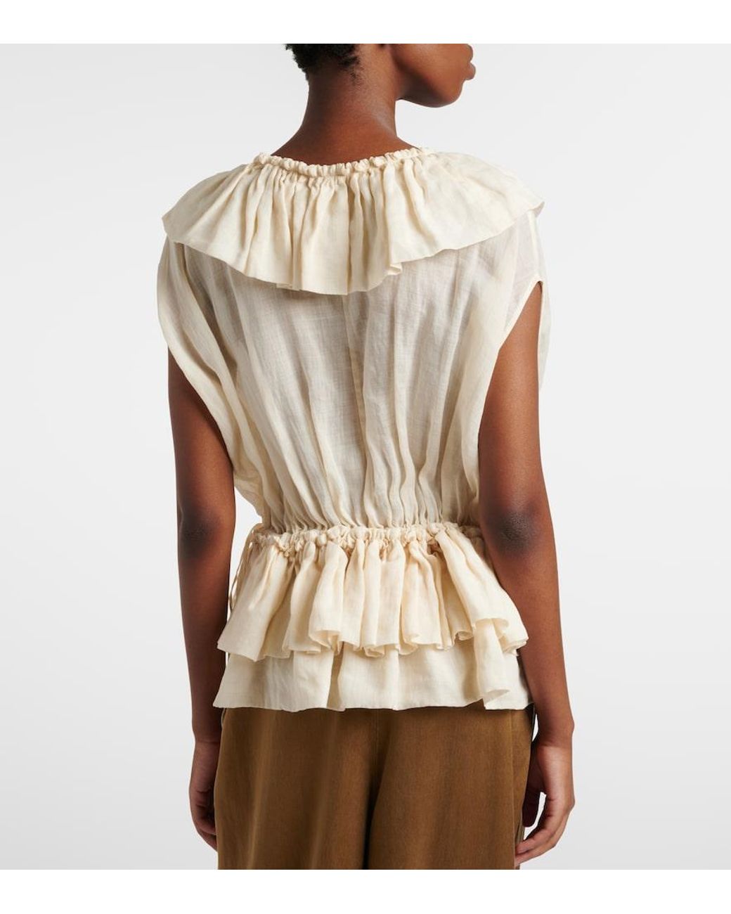 Dries Van Noten Natural Ruffled Peplum Ramie Top
