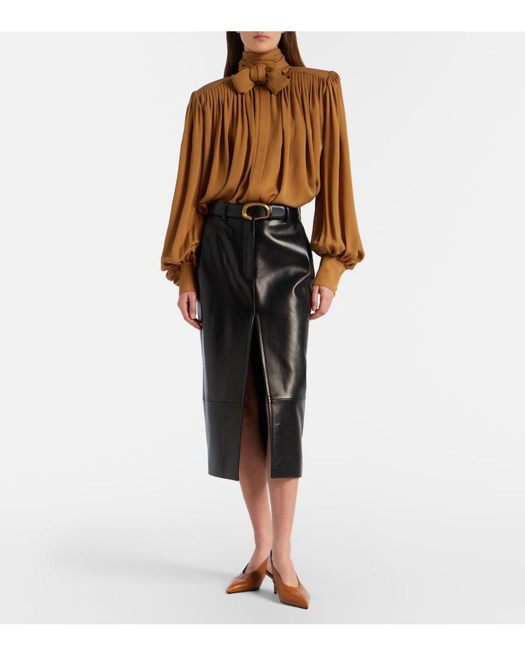 Khaite Black Anden Leather Midi Skirt