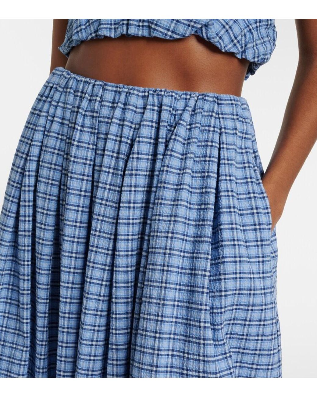 Faithfull The Brand Blue Agora Checked Cotton Midi Skirt