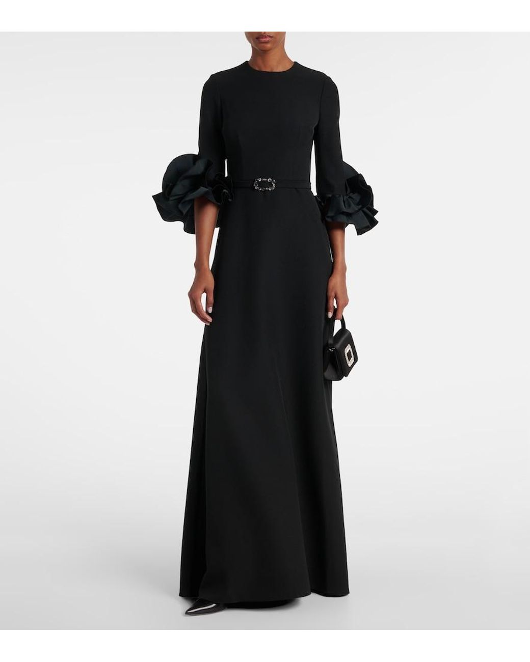Safiyaa Black Belted Ruffled Crepe Gown