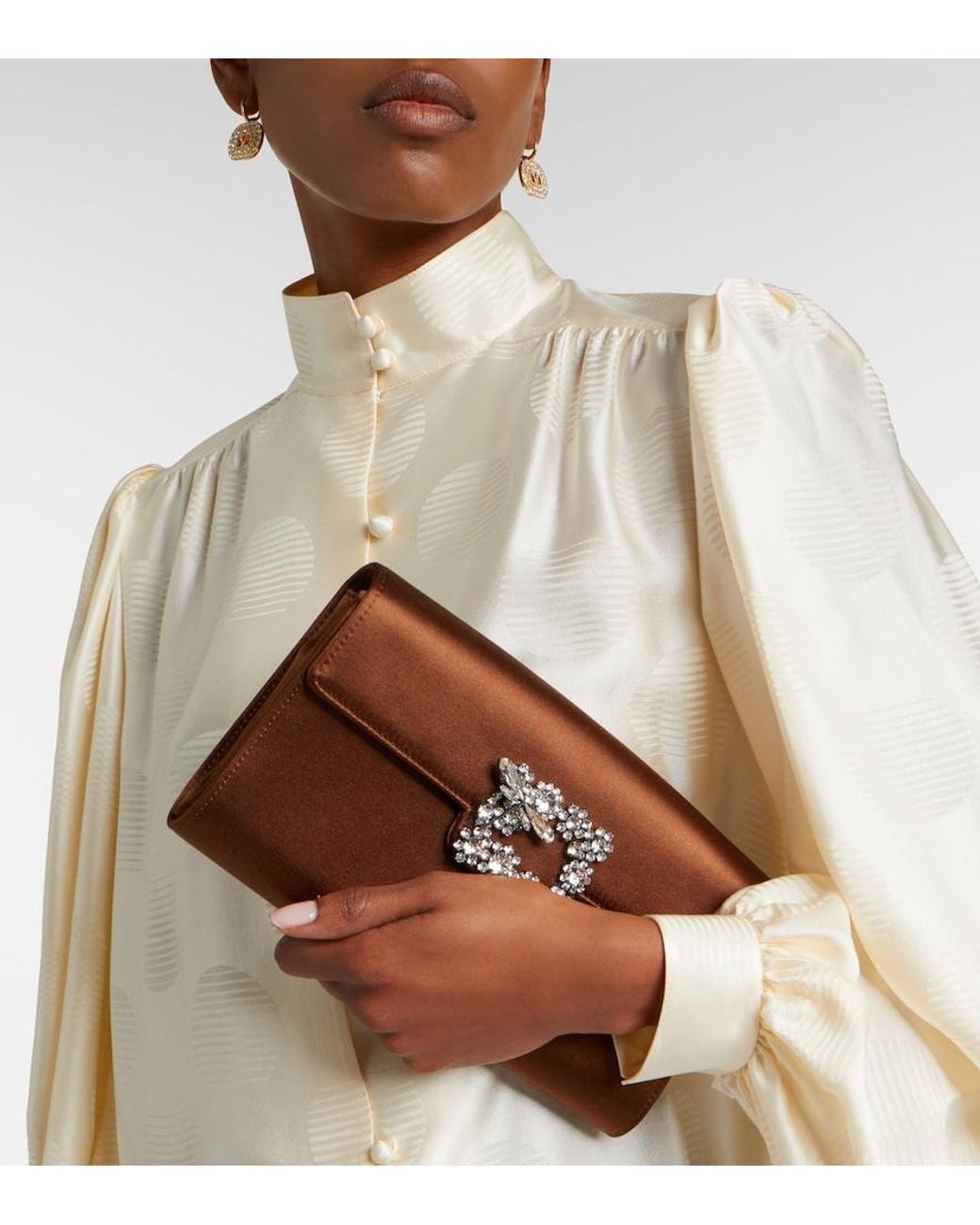 Roger Vivier Brown Efflorescence Embellished Satin Clutch