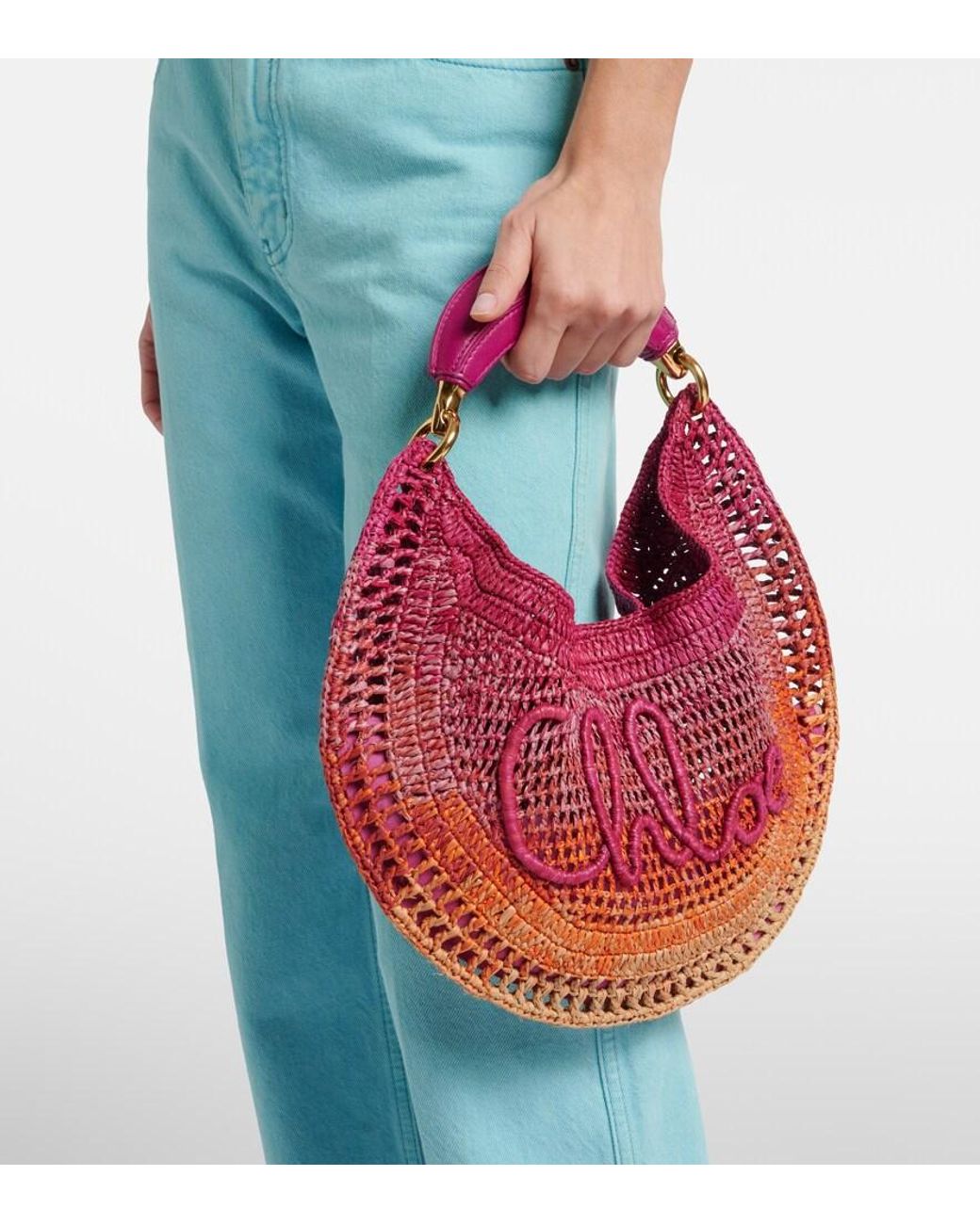 Chloé Red Summer Banana Medium Raffia Shoulder Bag