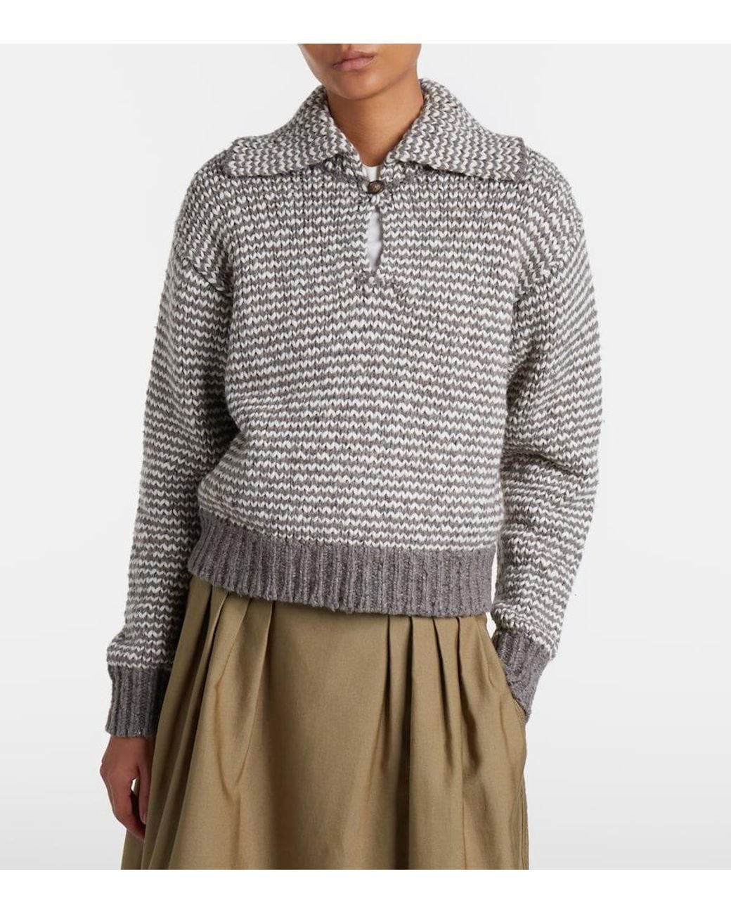 Polo Ralph Lauren Gray Striped Cotton And Wool-Blend Polo Sweater