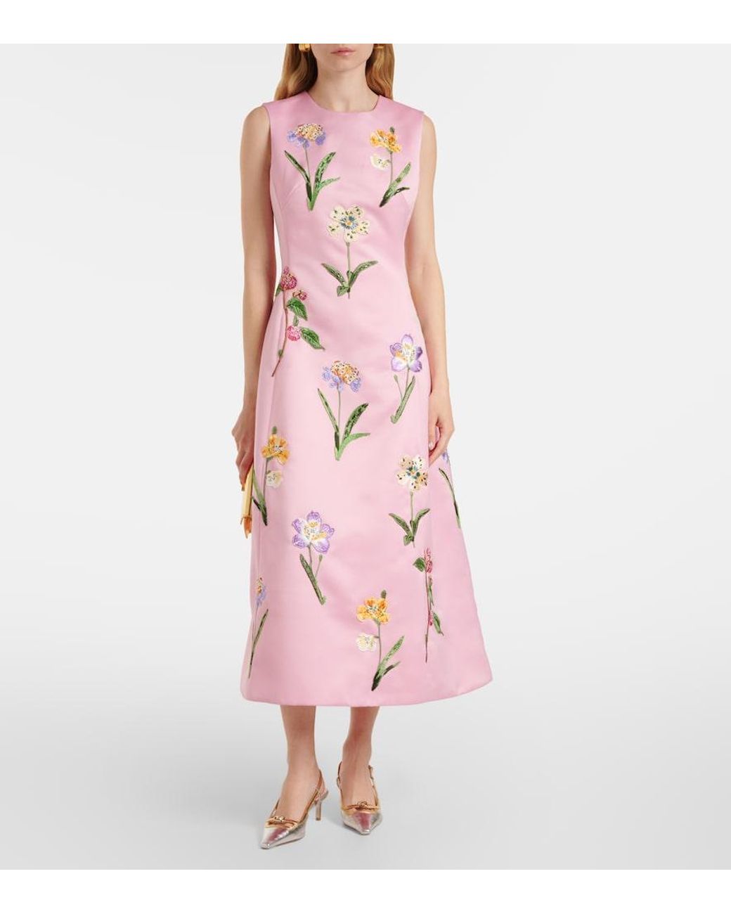 LEO LIN Pink Cleo Floral Embroidered Satin Midi Dress