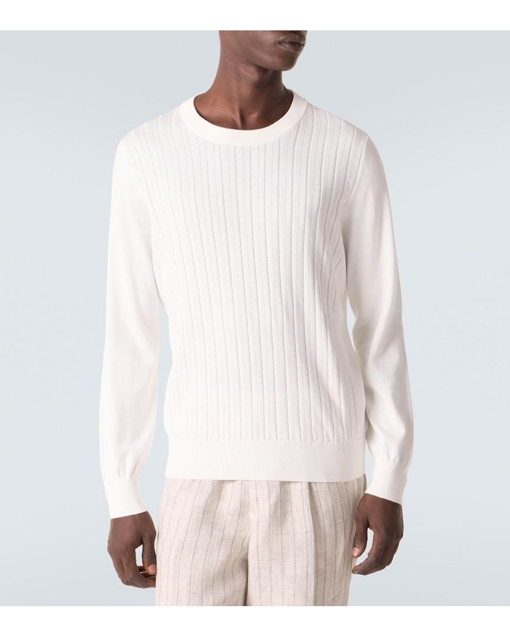 Brunello Cucinelli White Ribbed-Knit Cotton Sweater for men
