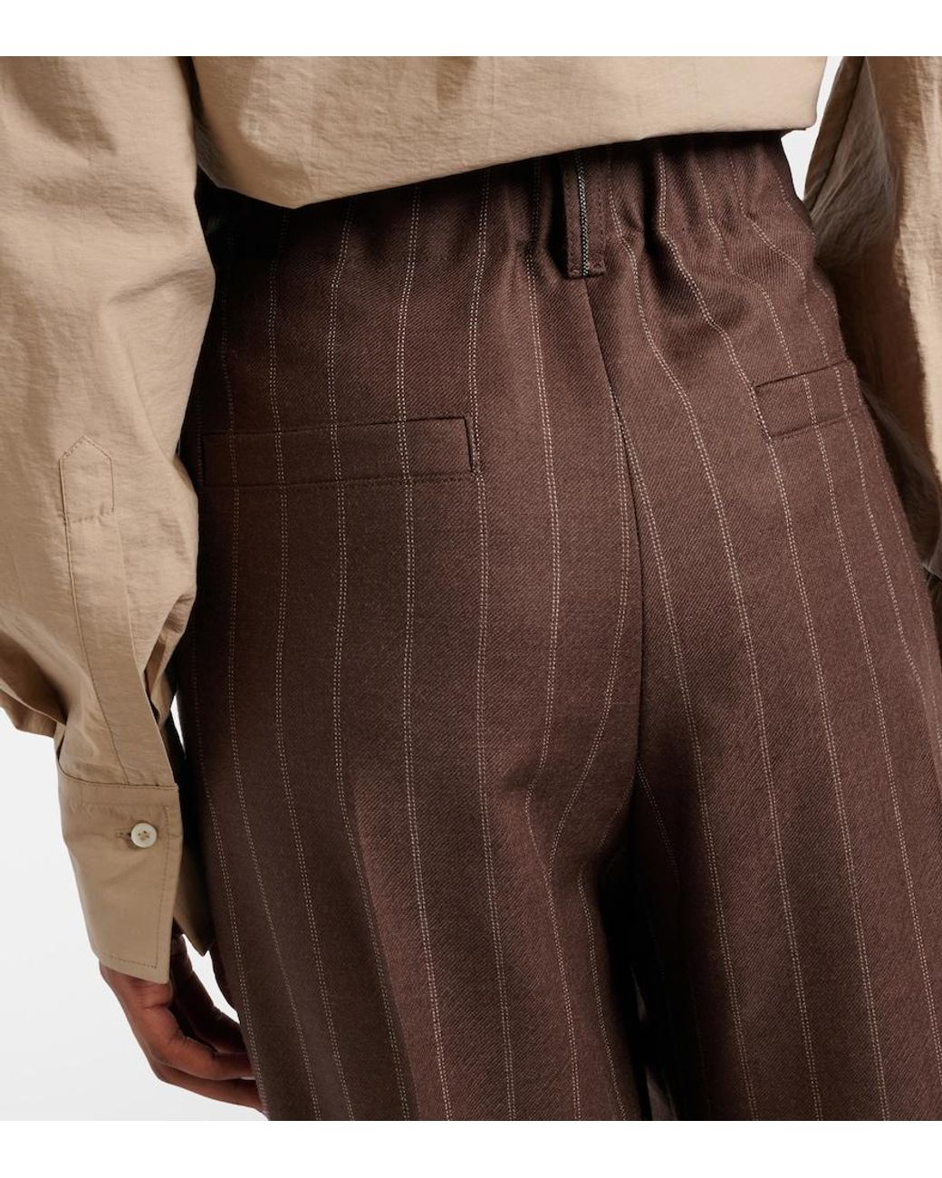 Brunello Cucinelli Brown Chalk Stripe Wool Cropped Flared Pants