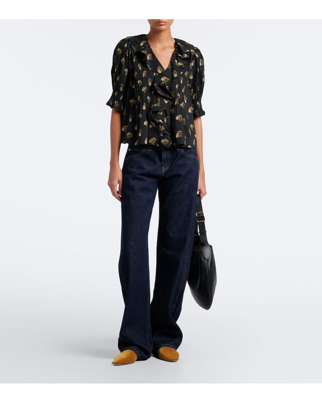 Doen Black Henri Floral Ruffled Cotton-Blend Blouse