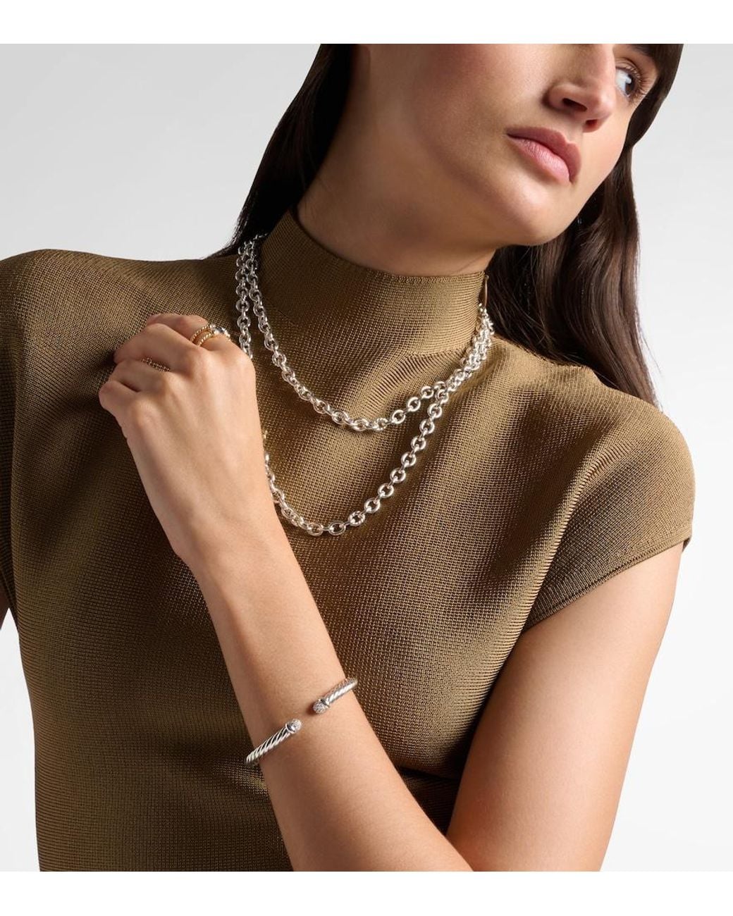 David Yurman Metallic Cable Flex Sterling Cuff Bracelet With Diamonds