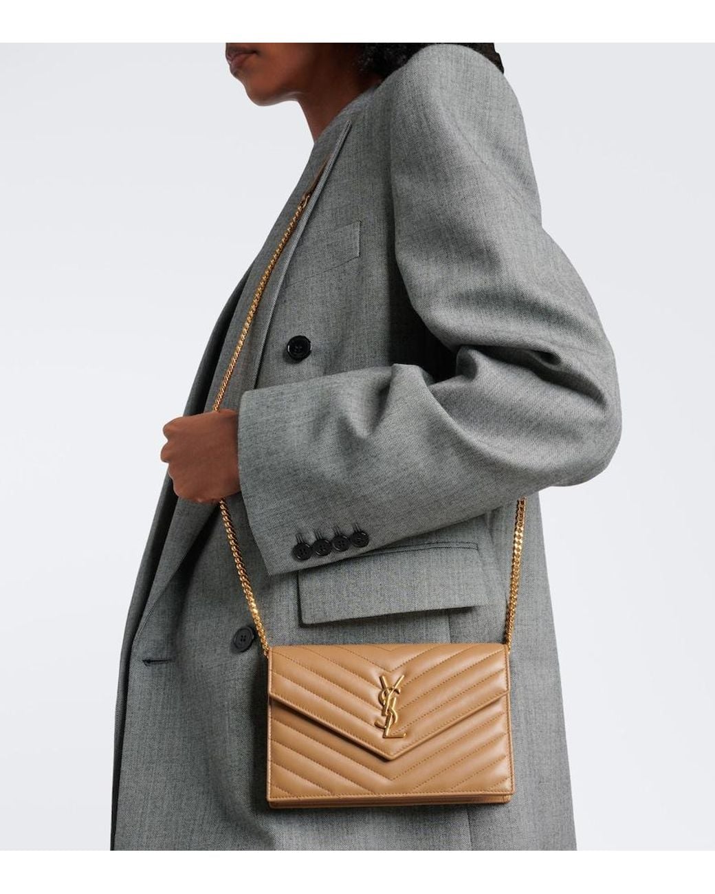Saint Laurent Brown Cassandre Envelope Matelasse Leather Wallet On Chain
