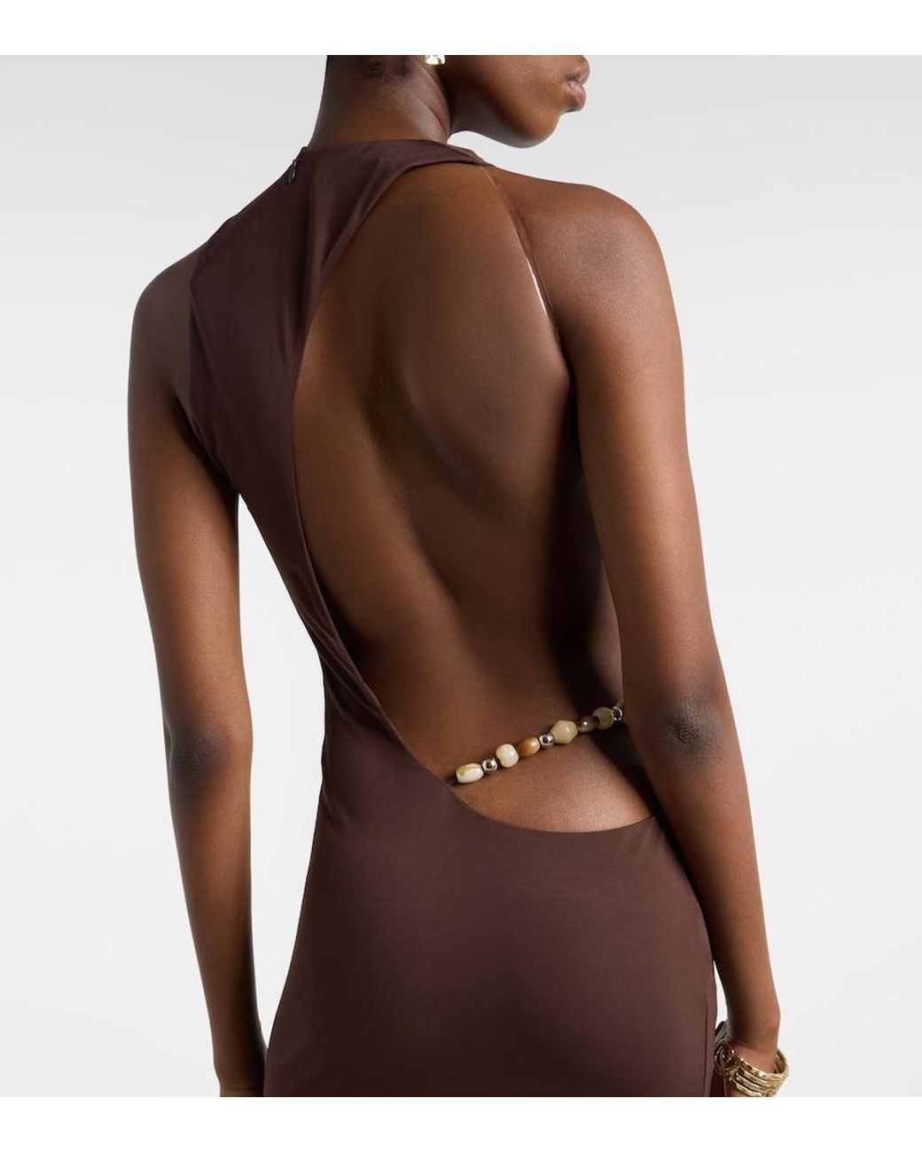 De La Vali Brown Maha Beaded Open-Back Jersey Gown