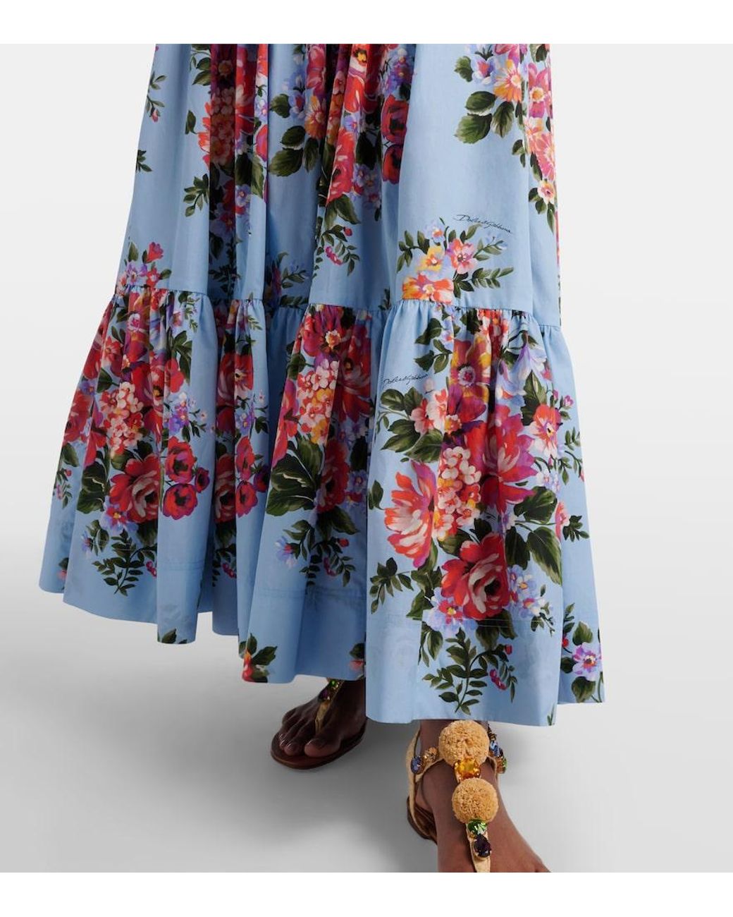 Dolce & Gabbana Blue Floral Cotton Poplin Maxi Skirt