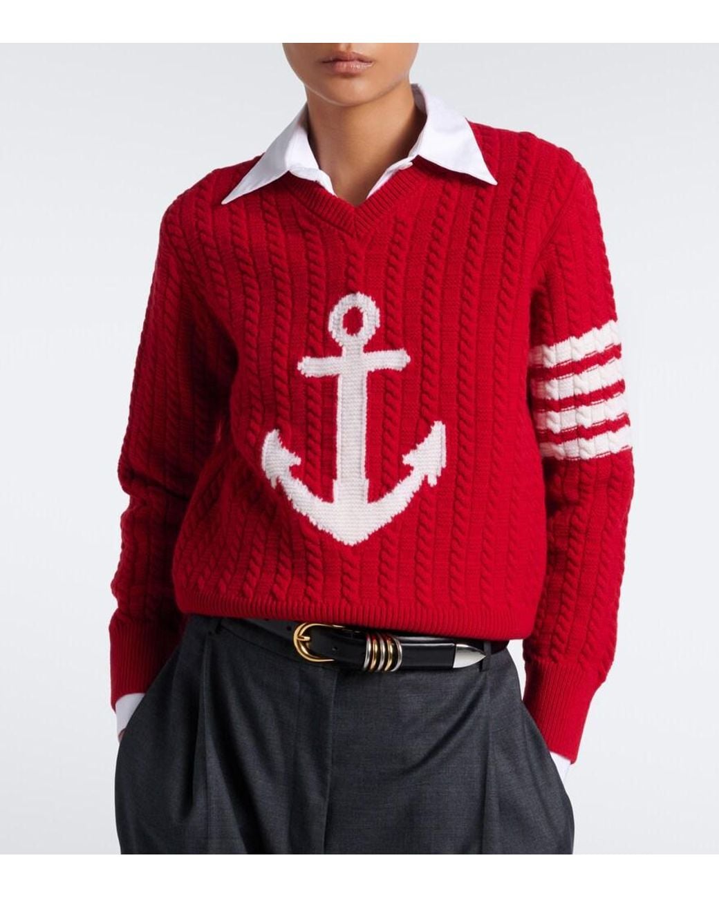 Thom Browne Red 4-Bar Cable-Knit Virgin Wool Sweater