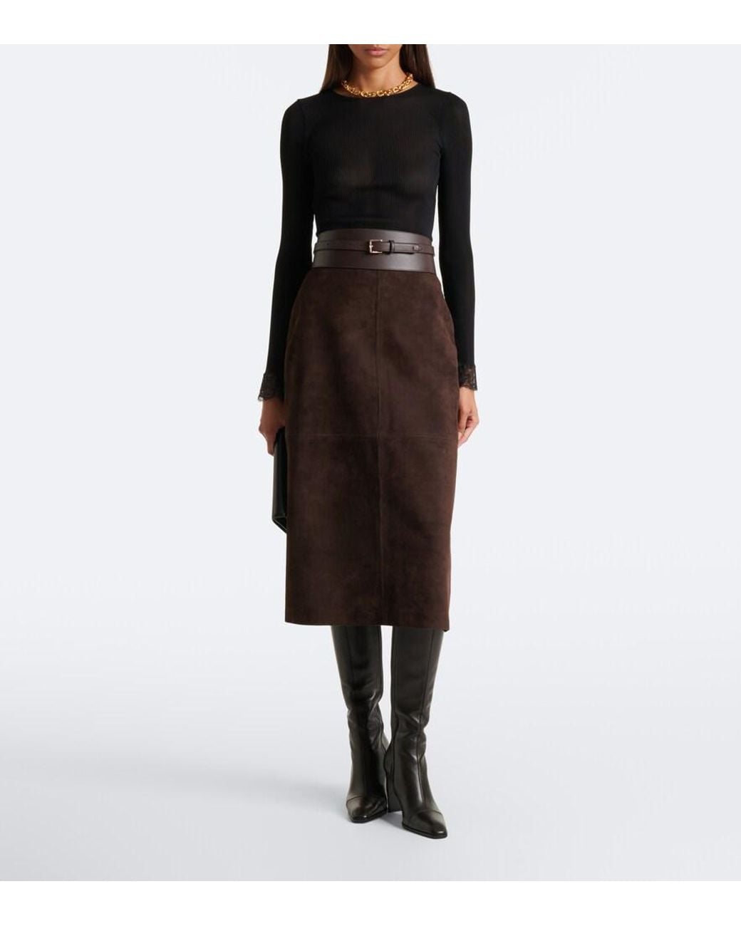 Nour Hammour Brown Alana Suede Pencil Skirt
