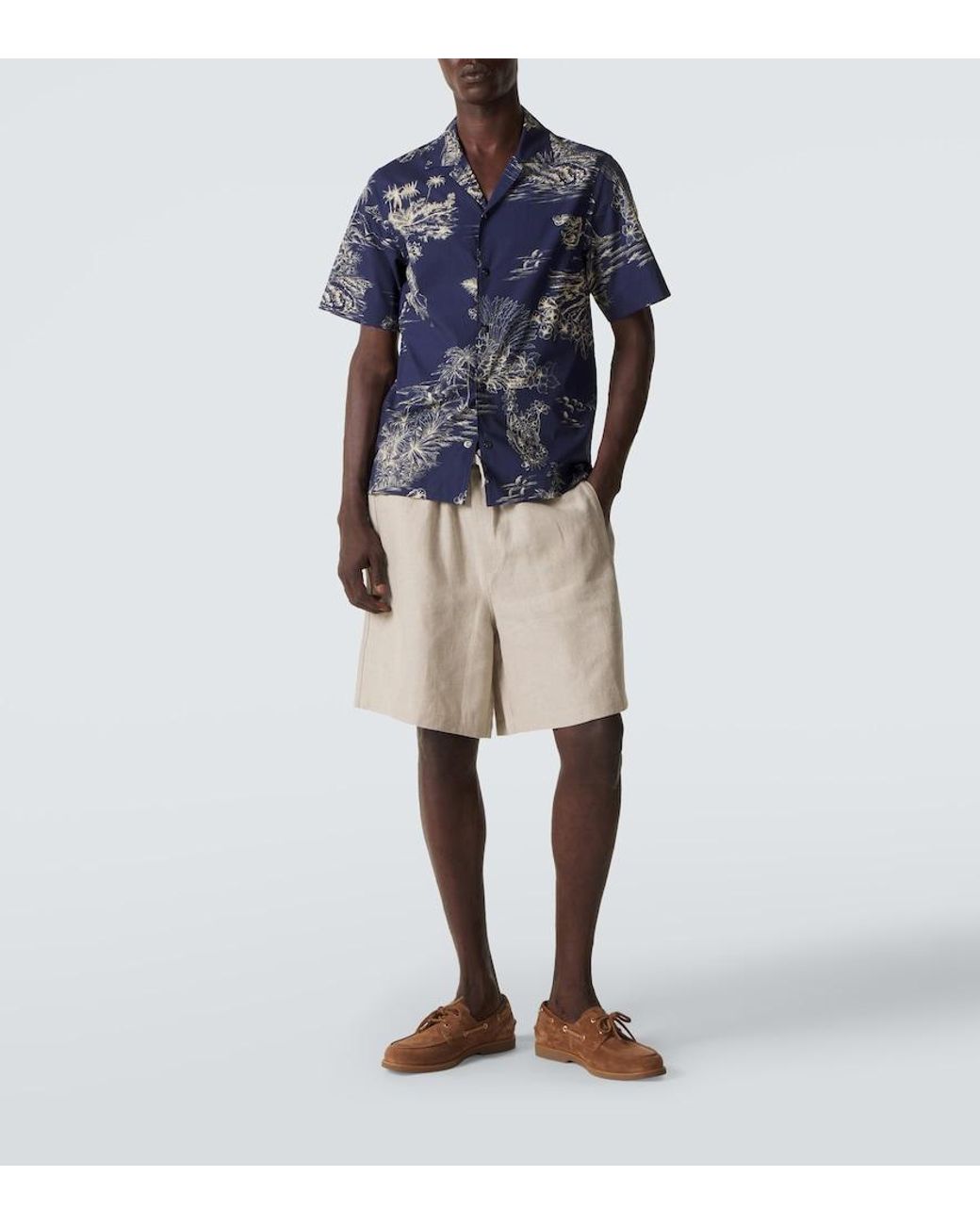 Moncler Blue Floral Cotton Poplin Bowling Shirt for men