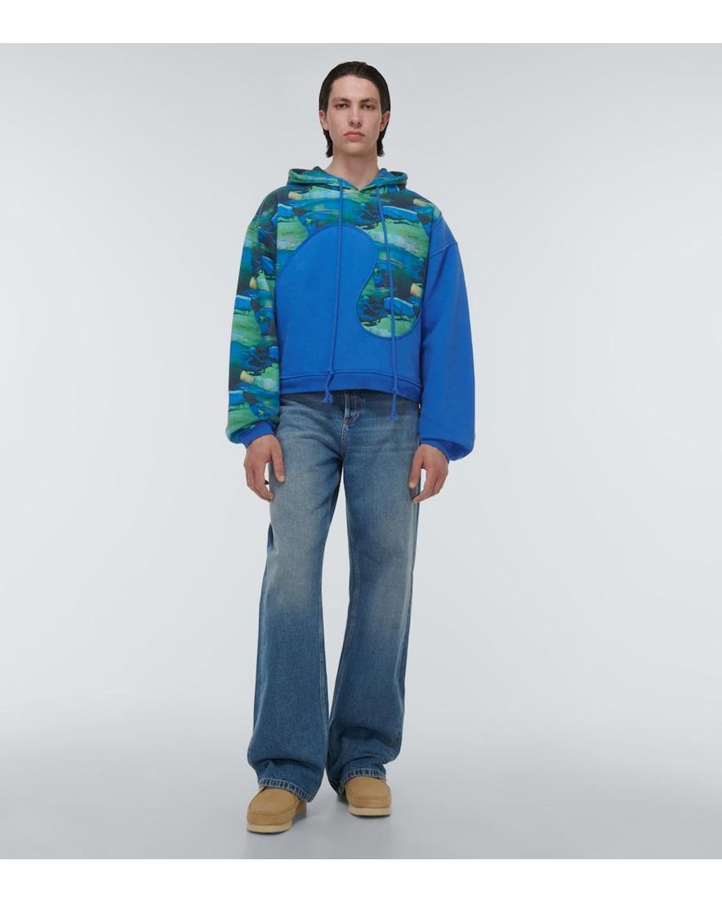 ERL Blue Printed Cotton-Blend Hoodie for men