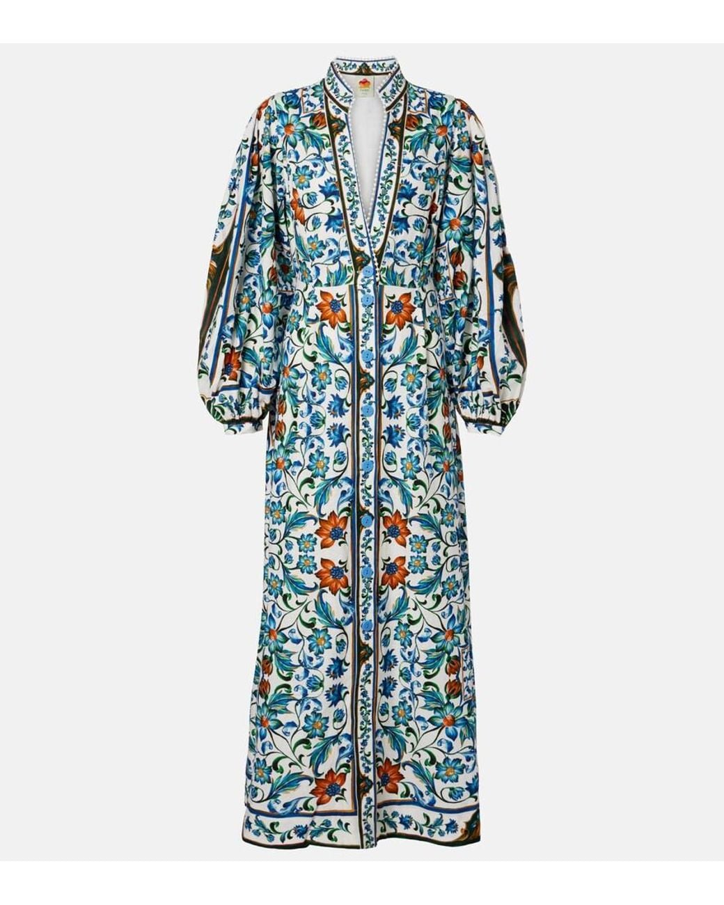 Farm Rio Blue Maxi FARM Rio Flora Tile Linen-Blend Maxi Dress in Blue | Lyst