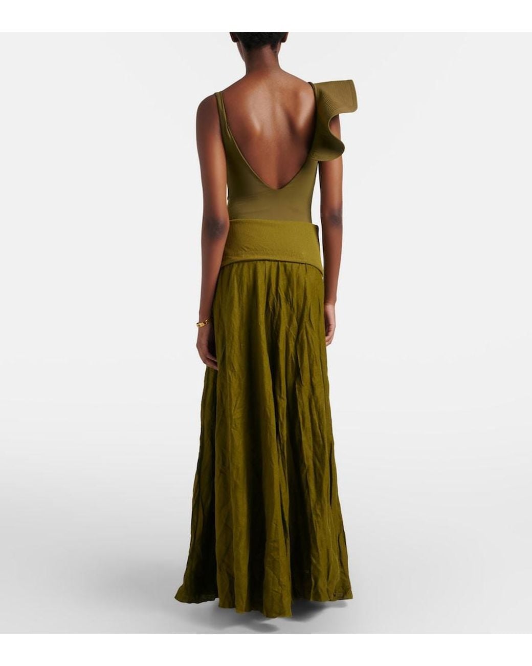 Johanna Ortiz Green Linen-Blend Maxi Skirt