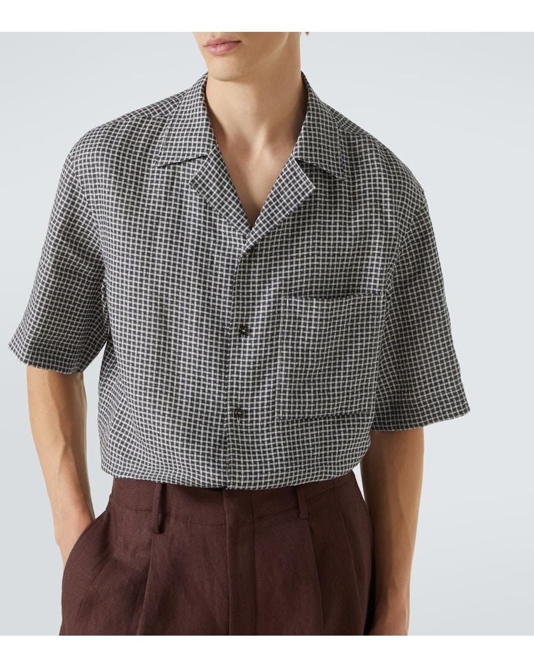 Loro Piana Gray Checked Linen Shirt for men