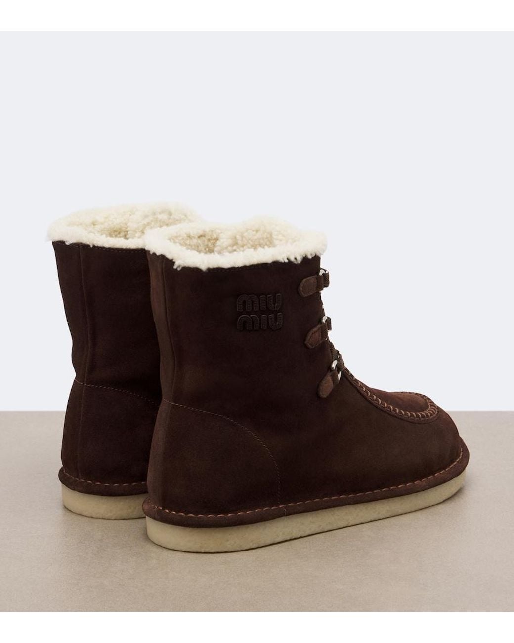 Miu Miu Brown Shearling-Lined Suede Lace-Up Boots