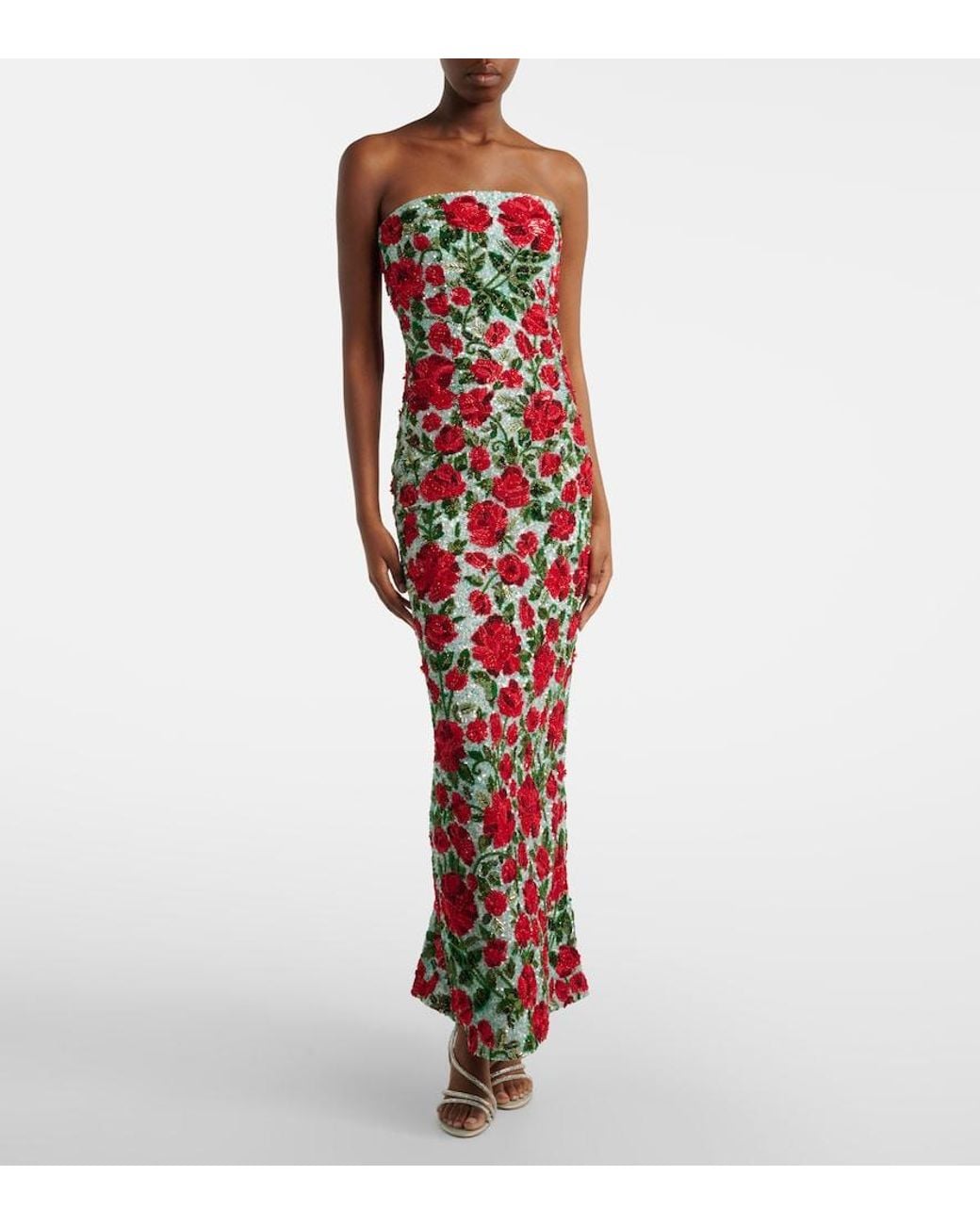 La Fuori Red Crimson Rose Embellished Bustier Gown