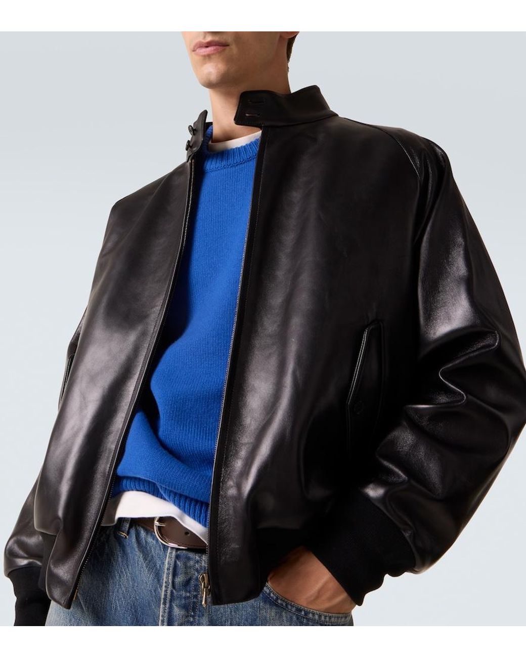 A.PRESSE Black Leather Bomber Jacket for men