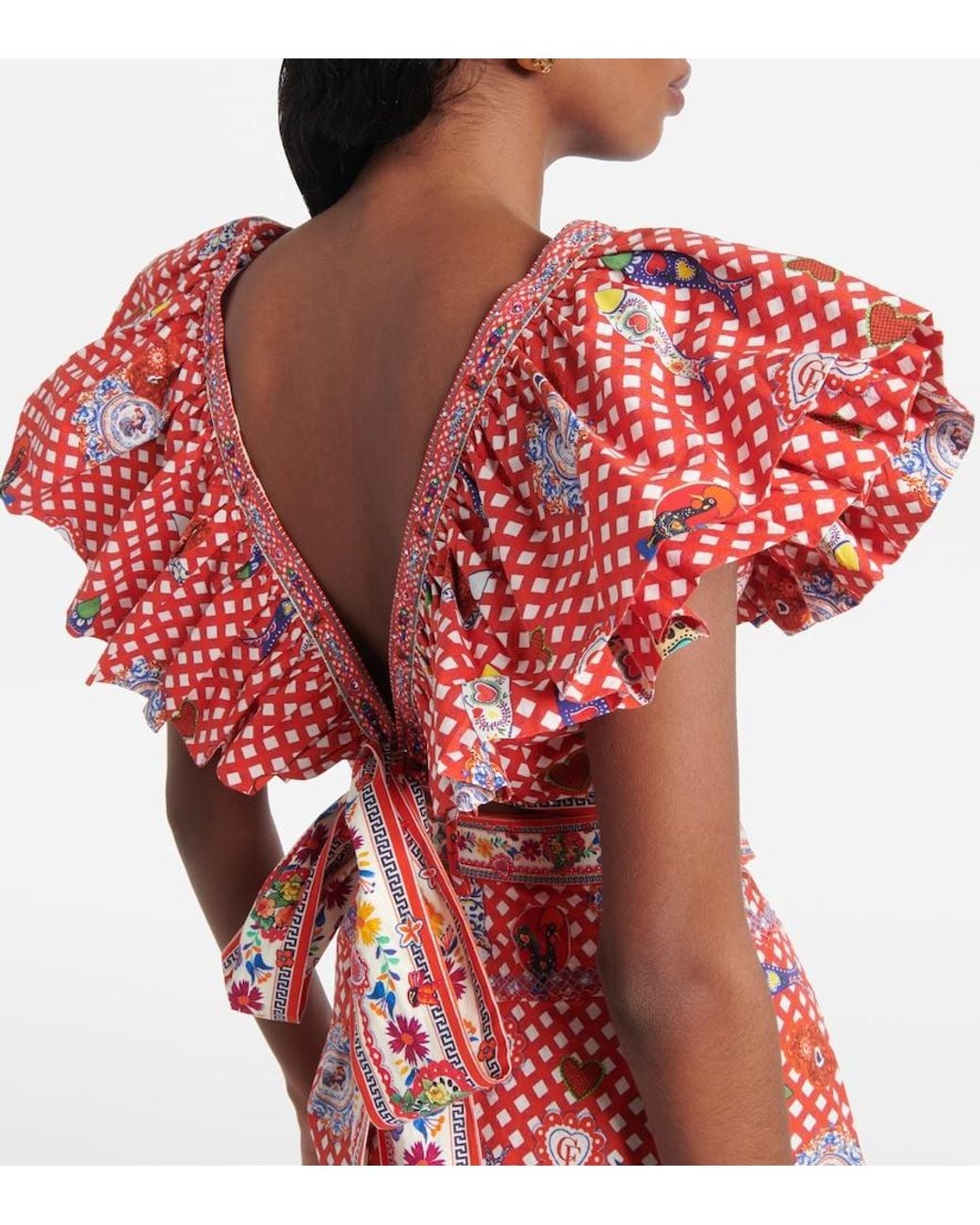 Camilla Red Printed Ruffled Cotton Top