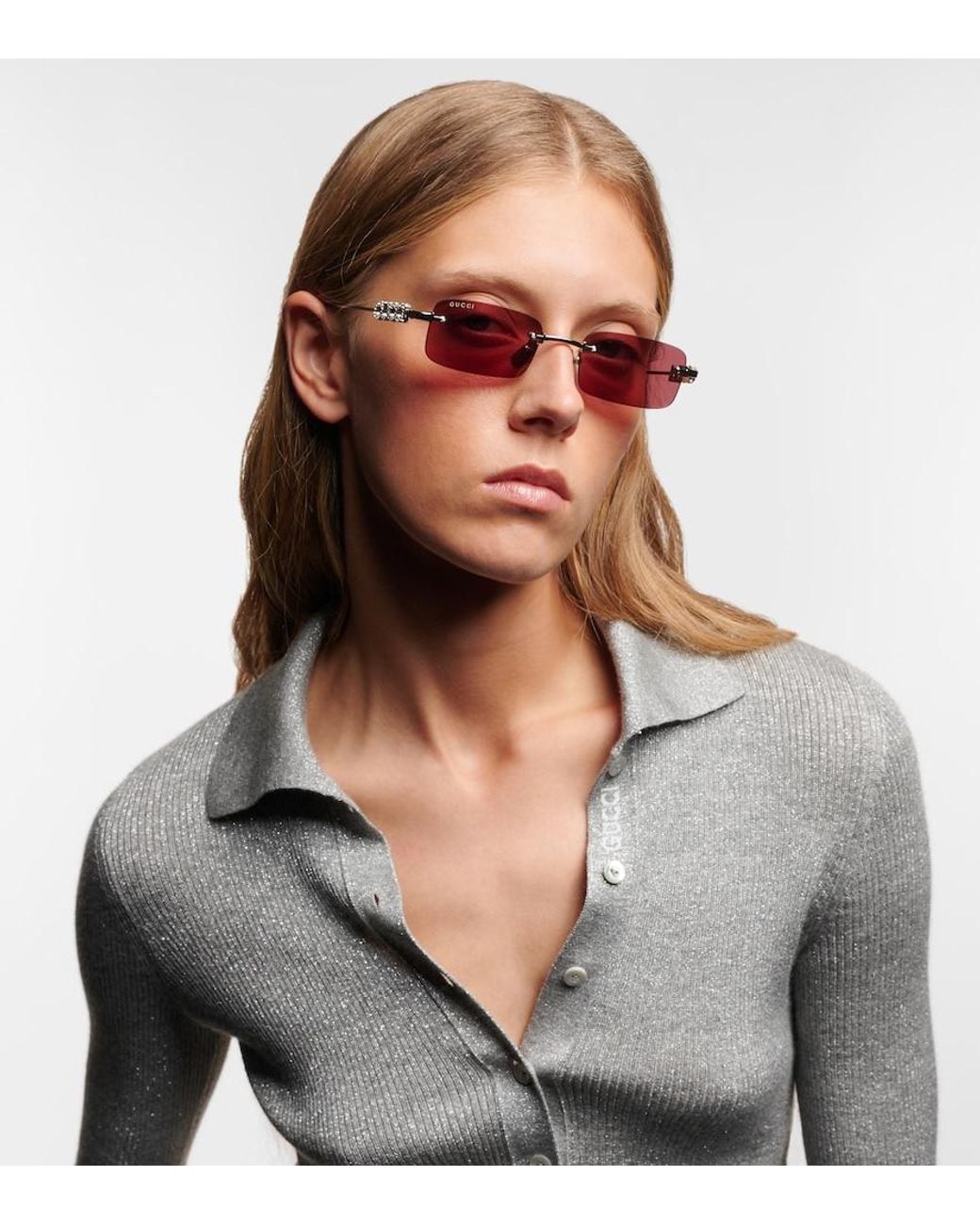 Gucci Pink Logo Embellished Rectangular Sunglasses