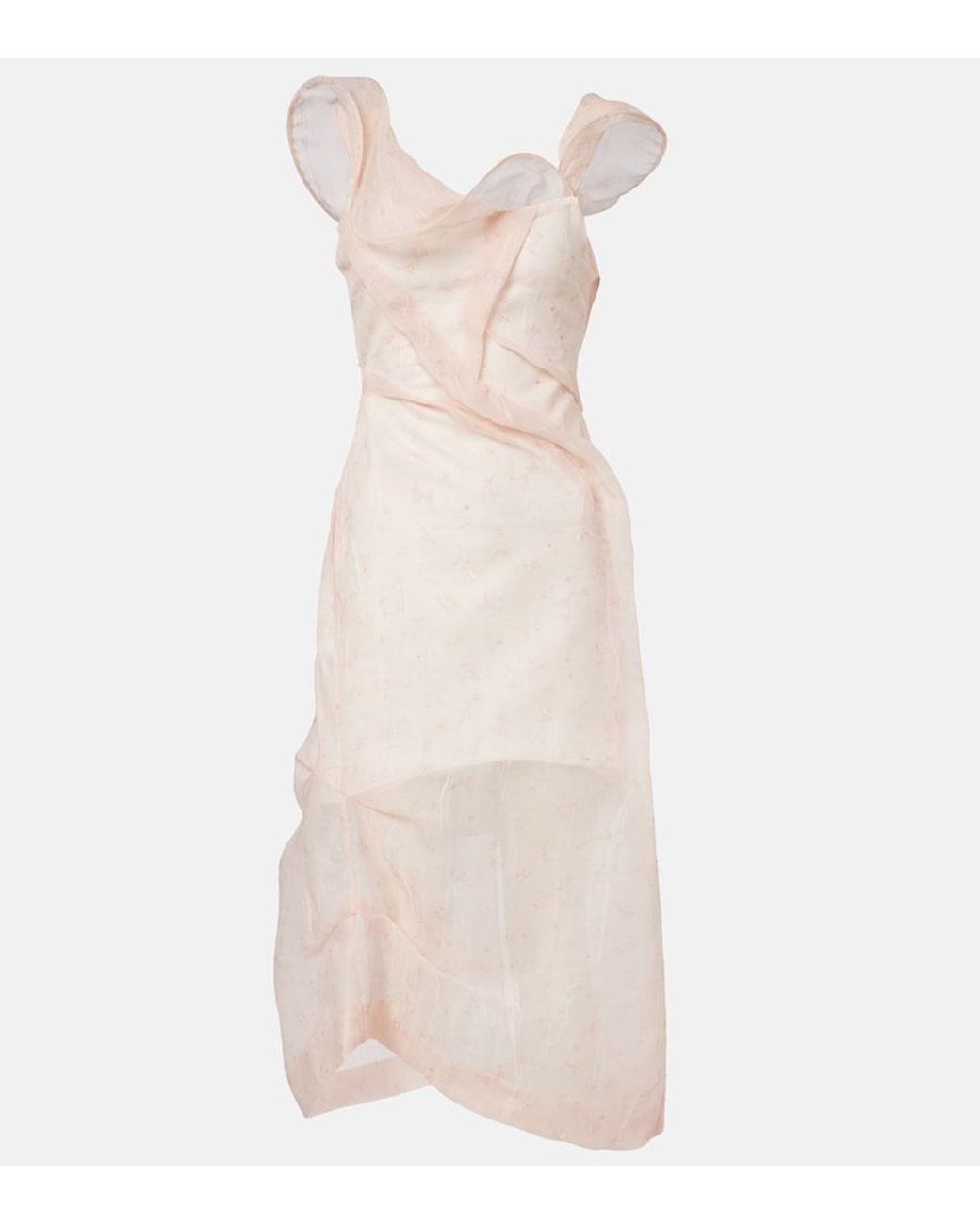 Victoria Beckham Natural Asymmetric Ruched Organza Midi Dress
